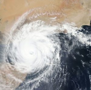 colored satellite photo of Hurricane Harvey